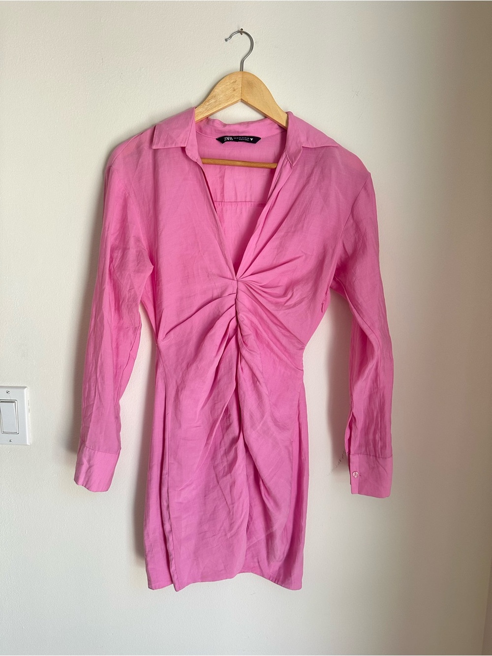Zara Pink Long-Sleeve Twist-Front Shirt Dress